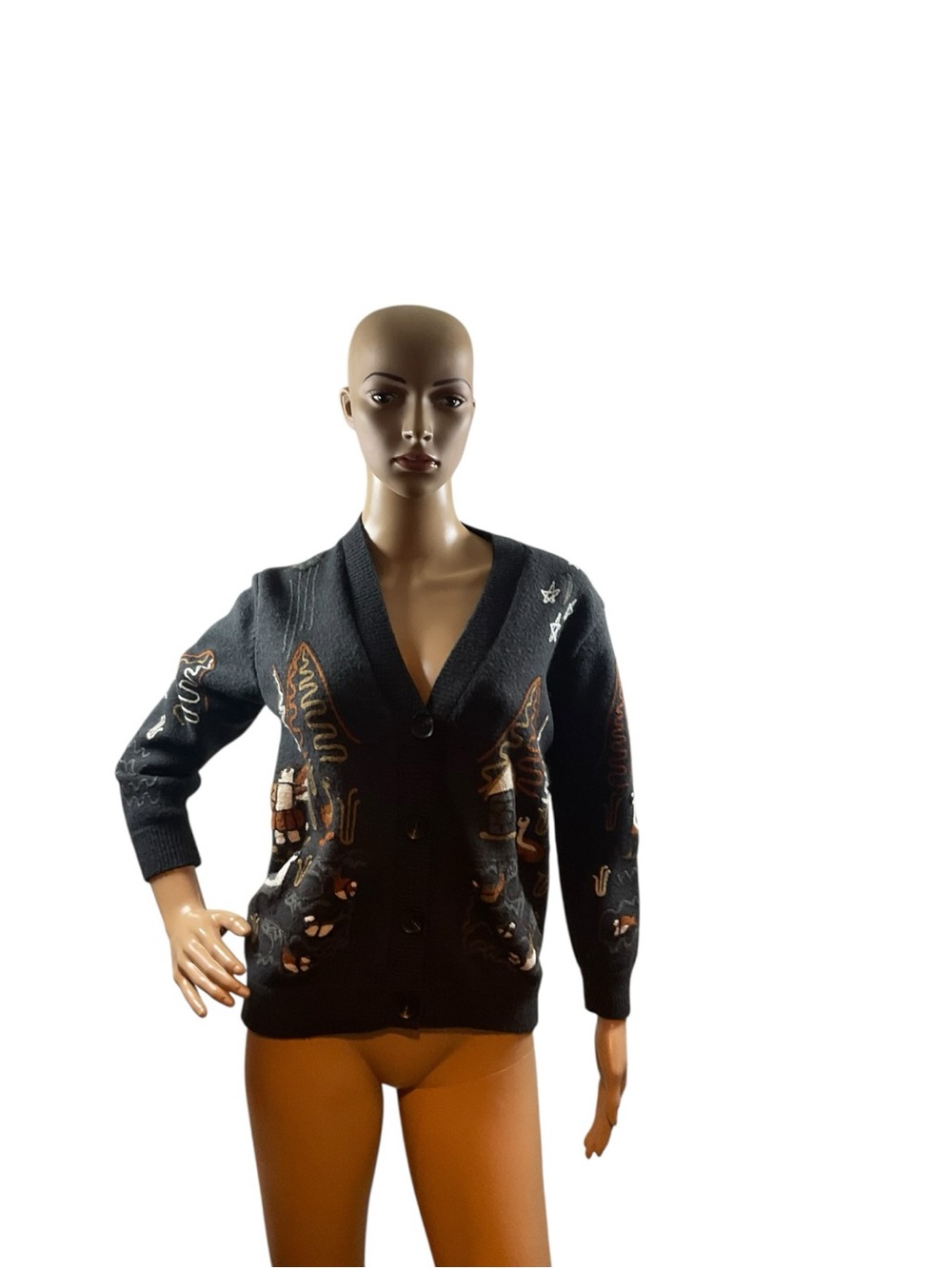 Source Unknown Black V-Neck Button Cardigan with Embroidered Accents
